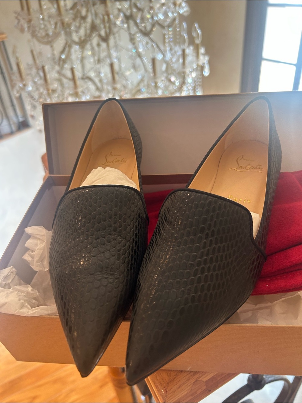 Christian Louboutin Black Textured Pointed Loafers